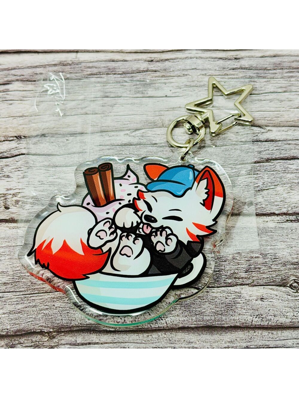 Fox Kitsune Red/White Coffee Latte Cup Kemono Anthro Acrylic Keychain New